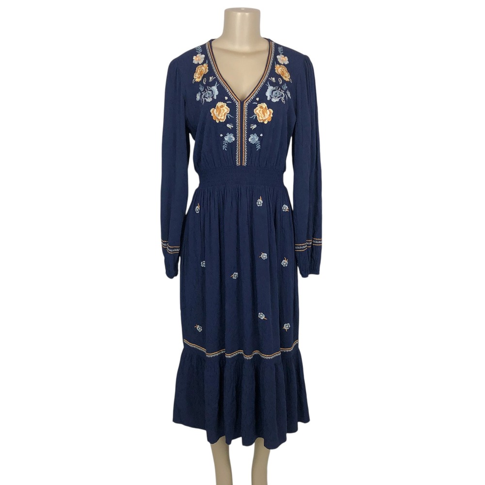 Kate & Sam Floral Embroidered Peasant Midi Dress Small Navy Boho Hippie Festival